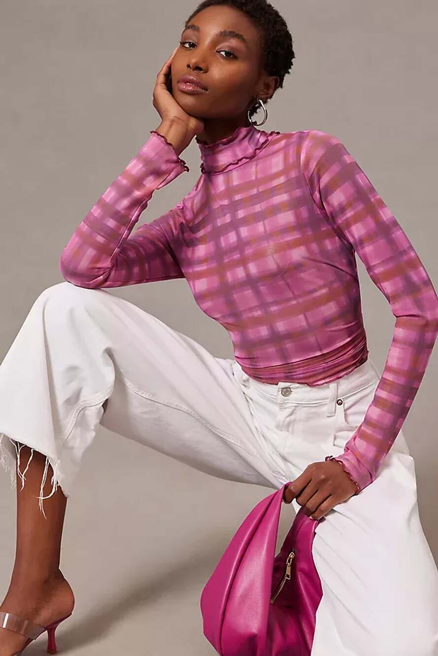 Pilcro Mesh Plaid Turtleneck Top Size XS Pink